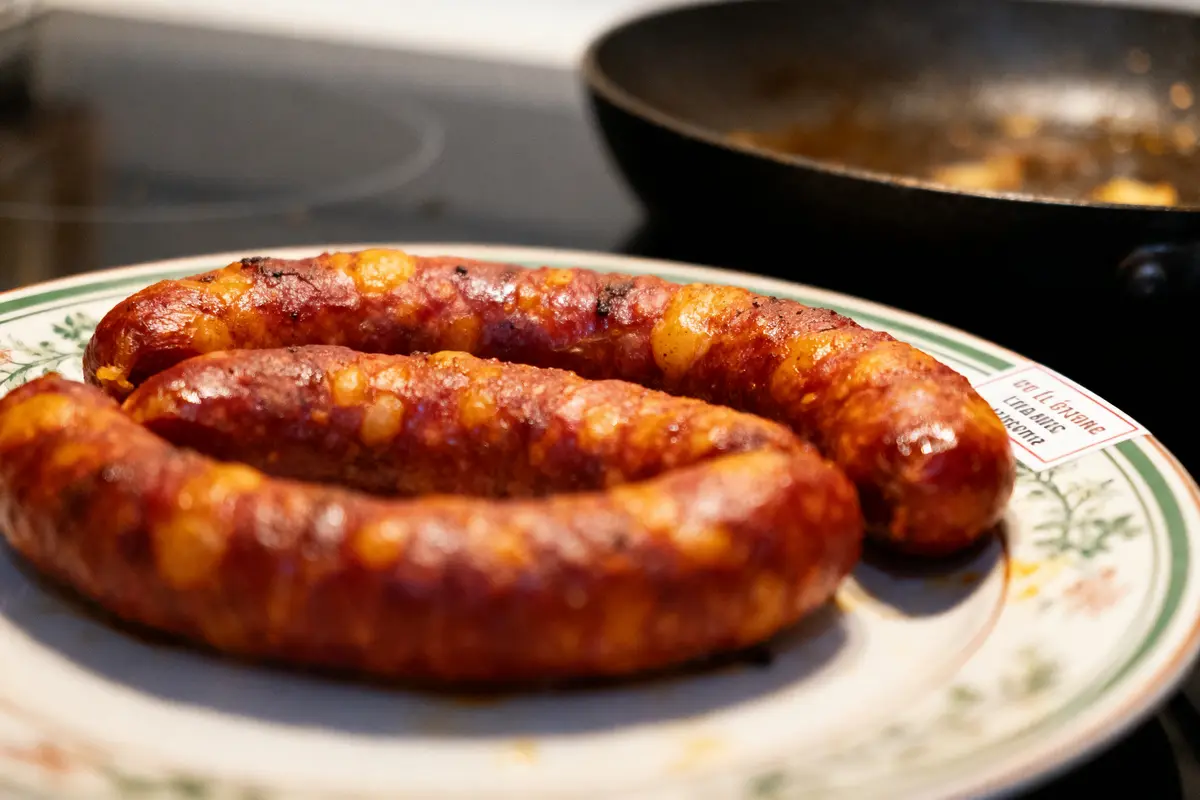pexels-michal-pech-213601-757318 (1) Saucisse cuite sur assiette décorative, avec poêle en arrière-plan sur une cuisinière noire.