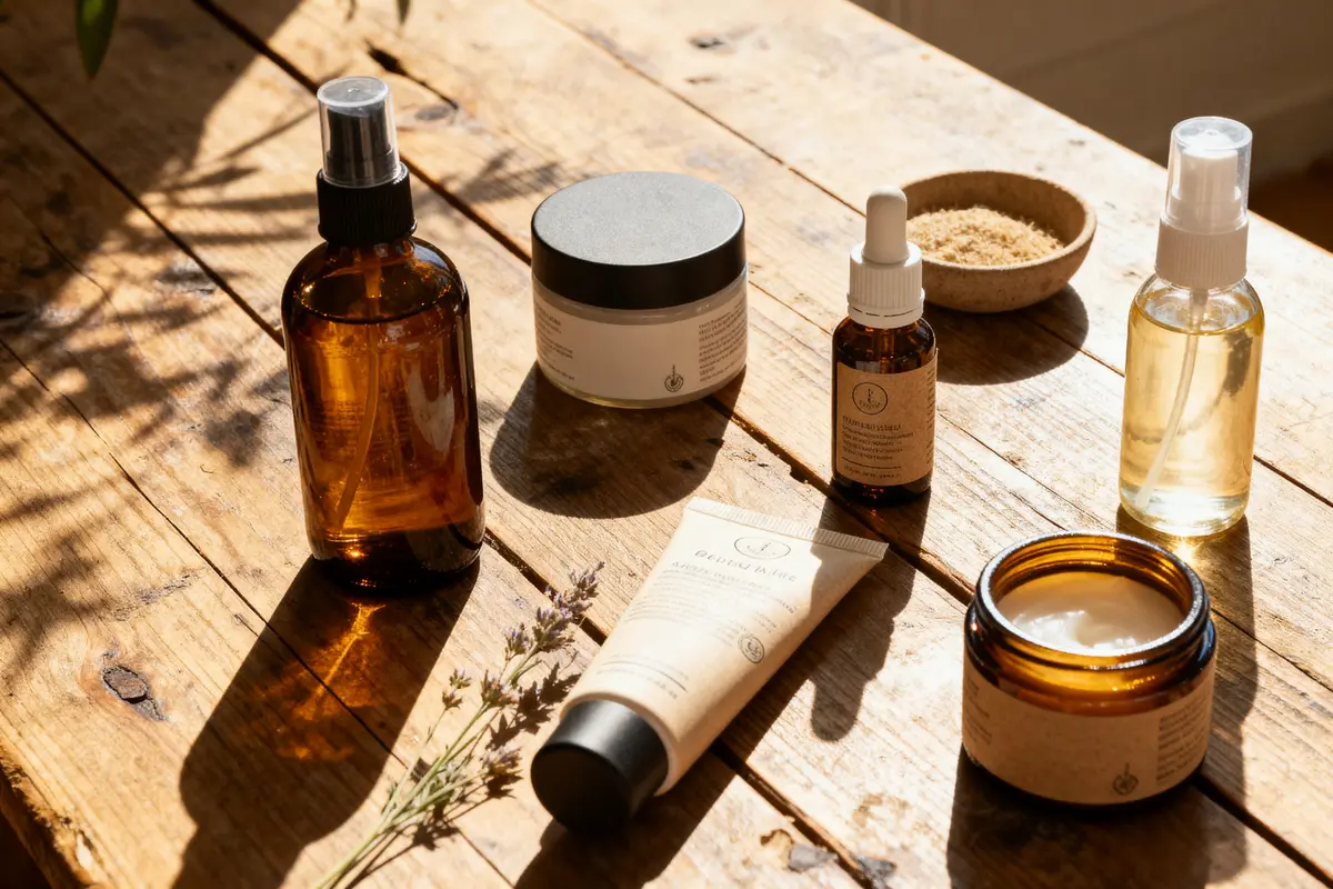 Produits de soin naturels en flacons et pots sur table en bois ensoleillée.