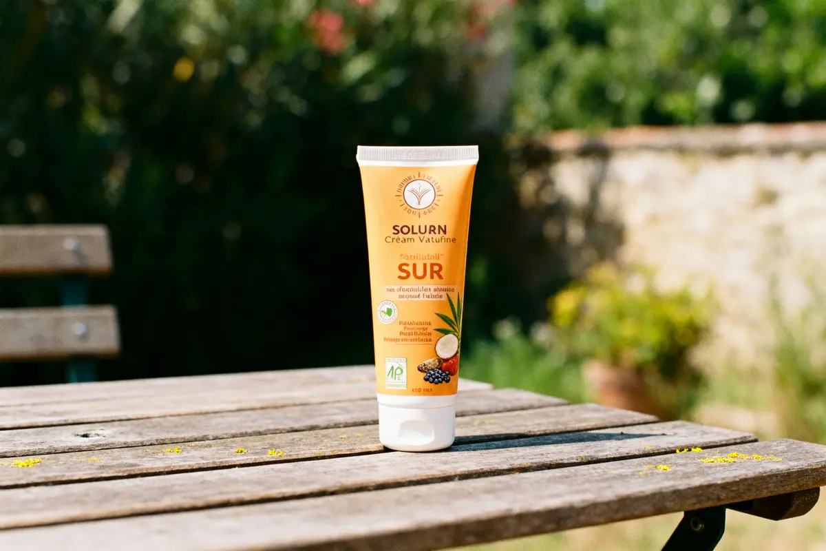 pexels-michal-pech-213601-757318 (1) Tube de crème solaire Solurn sur une table en bois, fond de jardin flou.