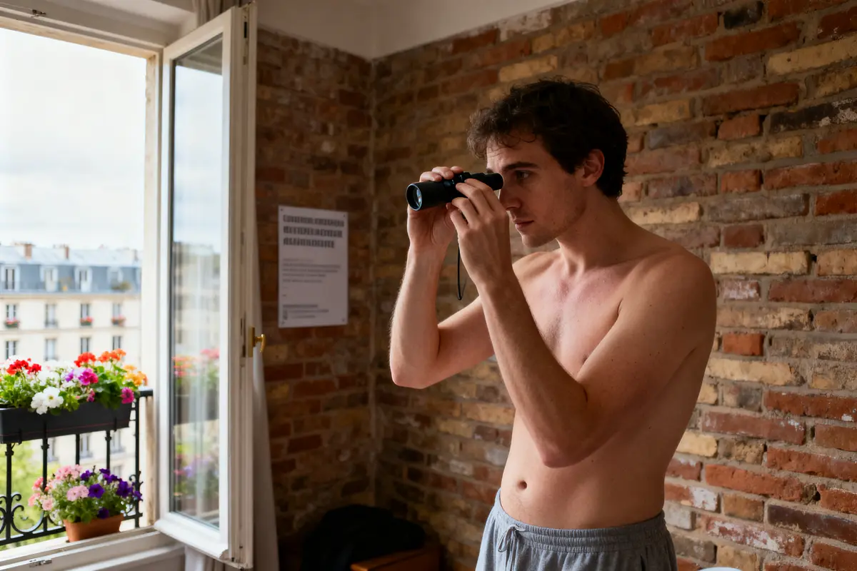pexels-michal-pech-213601-757318 (1) Homme torse nu regarde par une fenêtre ouverte avec des jumelles, mur de briques en arrière-plan.