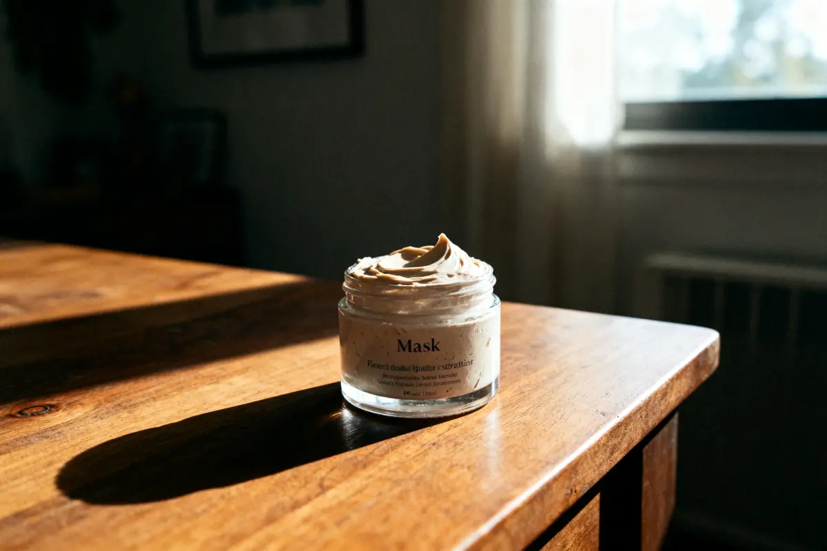 Pot de crème sur table en bois, éclairé par lumière naturelle d'une fenêtre à l'arrière-plan.