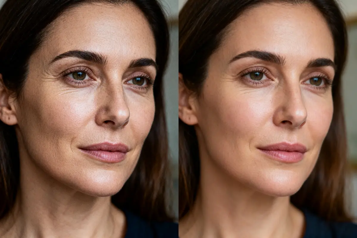 pexels-michal-pech-213601-757318 (1) Portrait d'une femme en gros plan, avant et après retouche numérique de la peau.