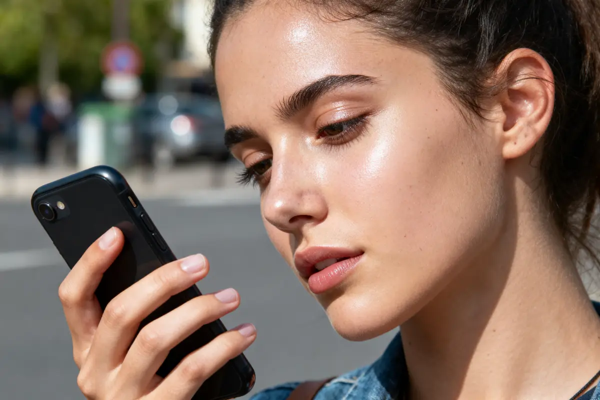 pexels-michal-pech-213601-757318 (1) Jeune femme regardant un smartphone en extérieur, visage concentré, arrière-plan flou urbain, lumière naturelle.