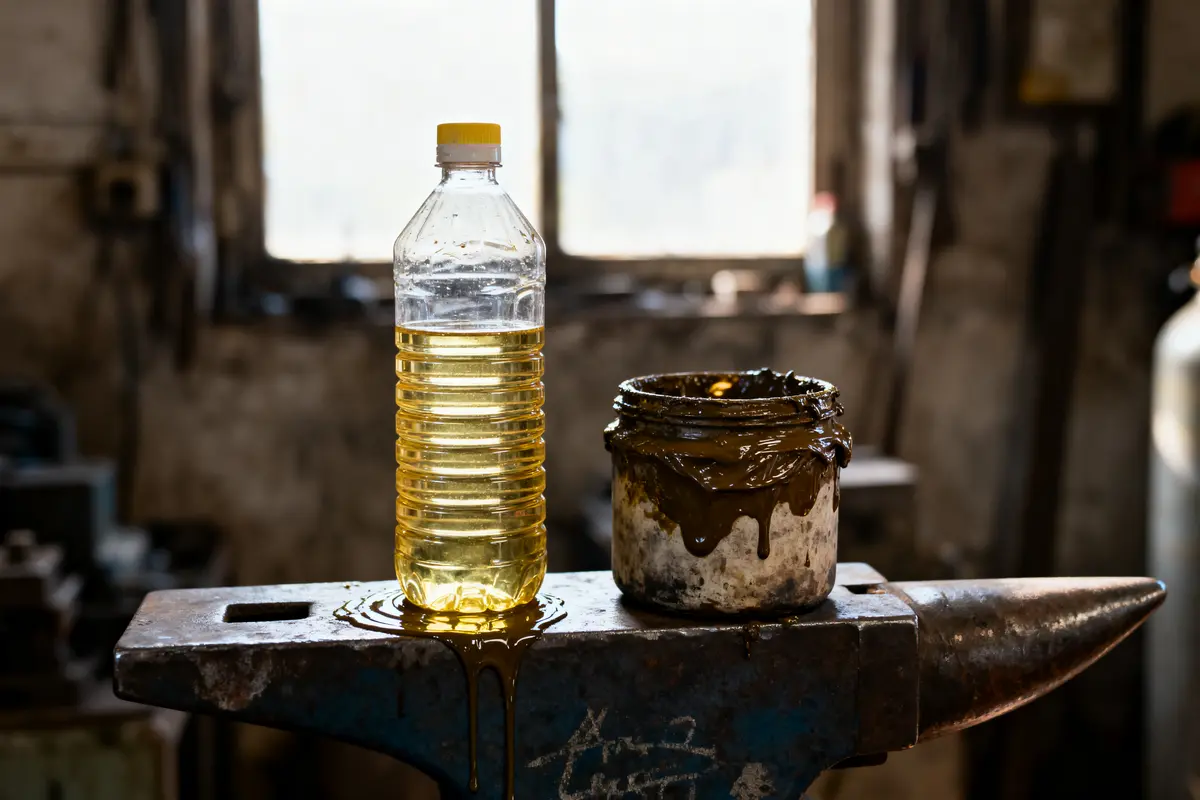 pexels-michal-pech-213601-757318 (1) Bouteille d'huile et pot de graisse sur une enclume dans un atelier sombre.