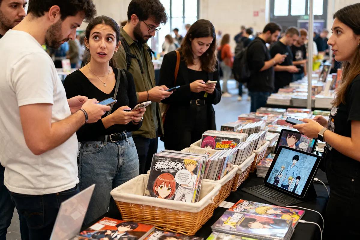 Des personnes regardant des mangas sur une table, certains utilisant leurs téléphones. Expo ou salon animé.