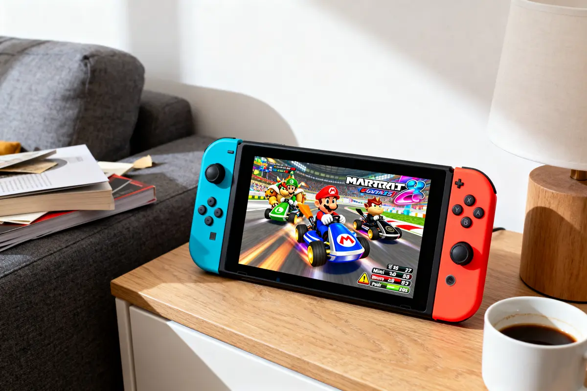 Console de jeu Nintendo Switch montrant "Mario Kart" sur une table à côté d'une tasse de café.