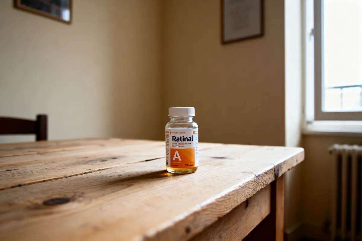 pexels-michal-pech-213601-757318 (1) Bouteille de supplément de vitamine A sur table en bois, intérieur lumineux.