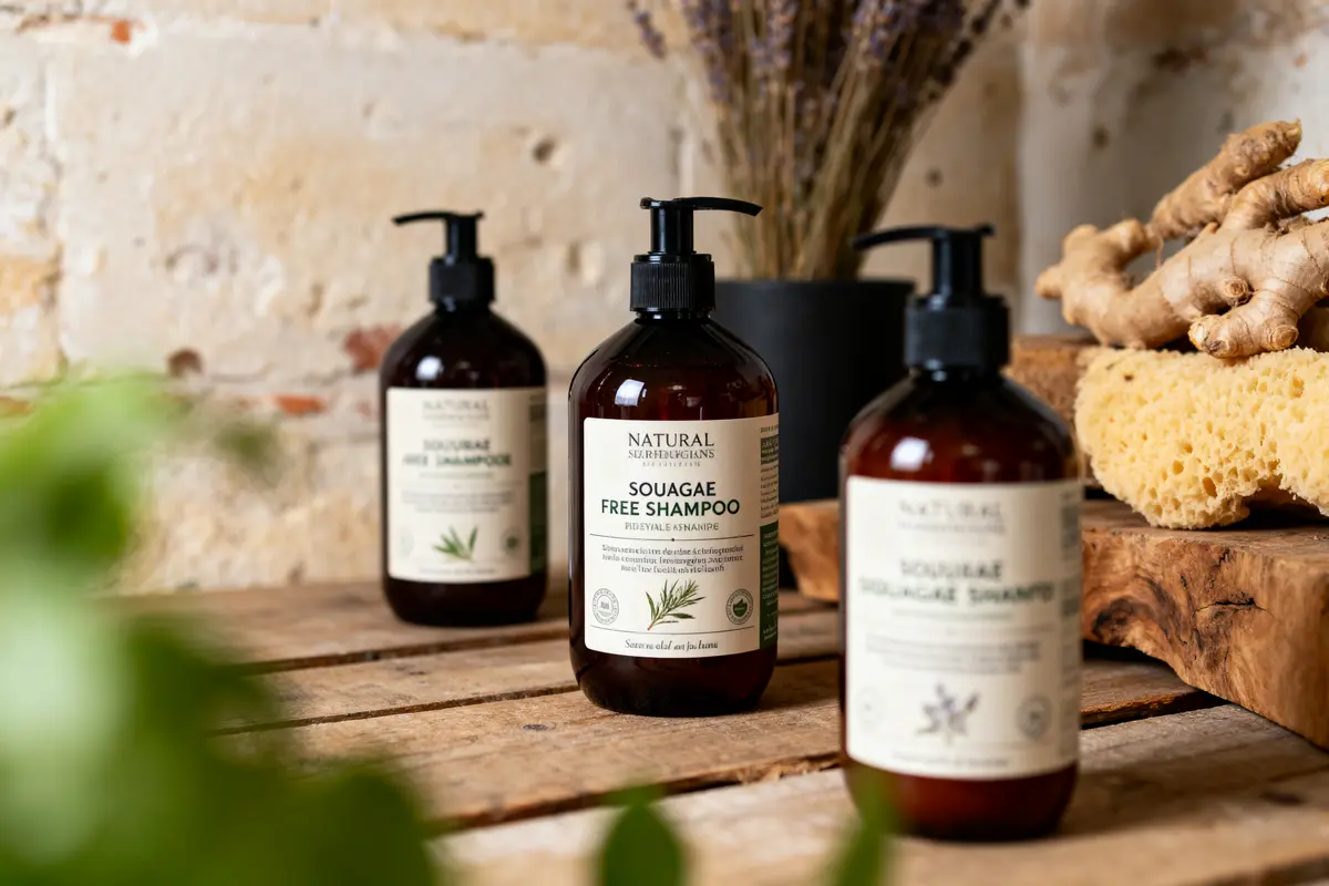 pexels-michal-pech-213601-757318 (1) Trois bouteilles de shampooing naturel sur une table en bois, entourées de gingembre et éponge. Fond mural rustique.