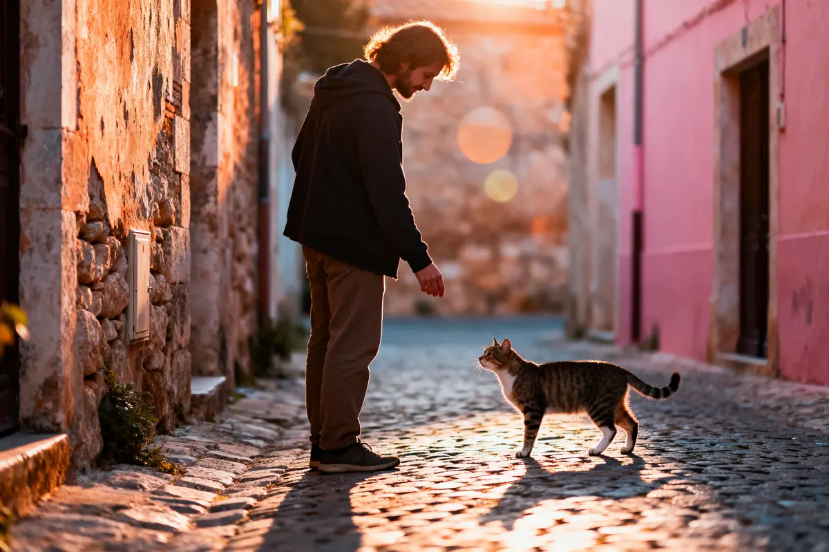 pexels-michal-pech-213601-757318 (1) Un homme et un chat interagissent dans une rue pavée éclairée par le soleil couchant.