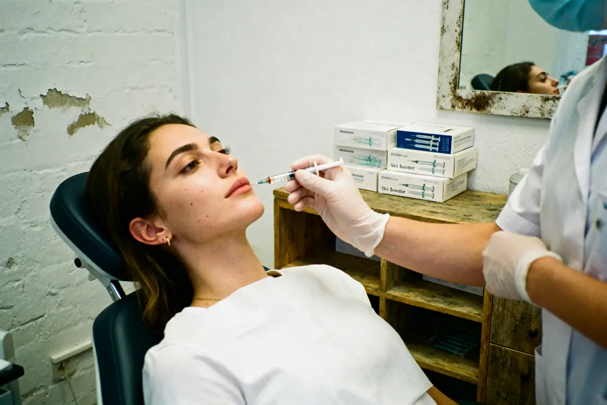 pexels-michal-pech-213601-757318 (1) Une femme reçoit une injection esthétique dans une clinique, avec boîtes de seringues en arrière-plan.