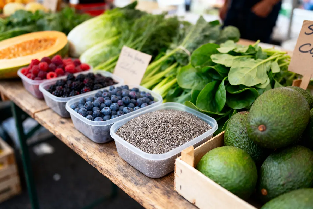 pexels-michal-pech-213601-757318 (1) Fruits et légumes sur étalage marché : framboises, mûres, bleuets, graines de chia, épinards, avocats, laitues, papaye.