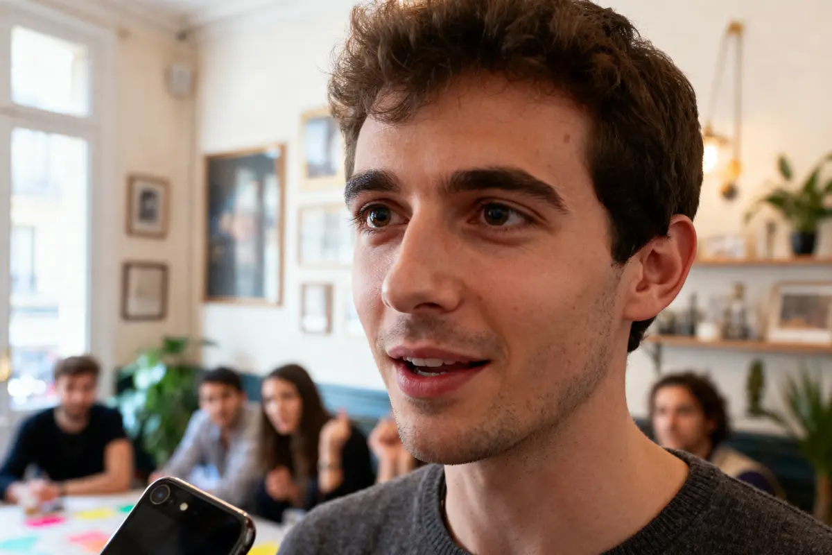 pexels-michal-pech-213601-757318 (1) Jeune homme souriant en intérieur, entouré d'autres personnes floues à l'arrière-plan, micro devant lui.