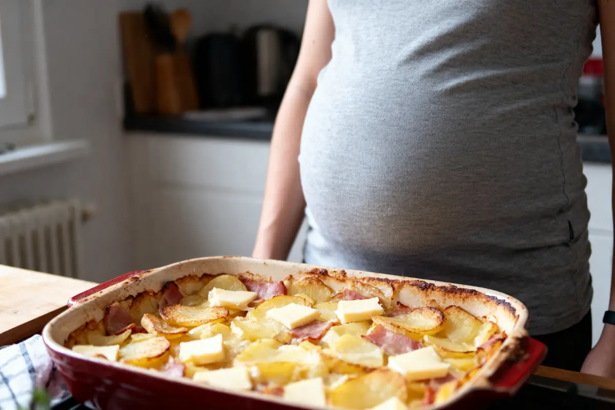 pexels-michal-pech-213601-757318 (1) Femme enceinte en t-shirt gris devant un gratin dauphinois avec fromage dans une cuisine.
