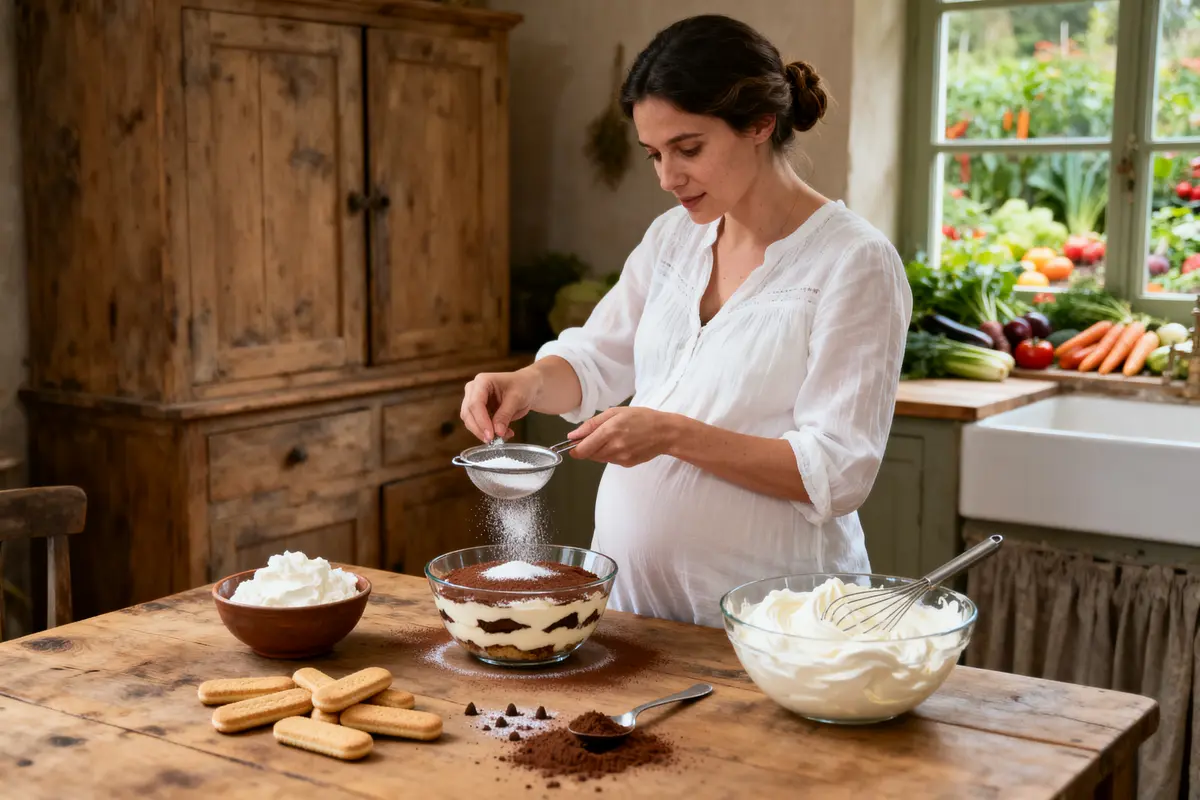 Femme préparant un dessert dans une cuisine rustique, saupoudrant du sucre avec tamis sur tiramisu.