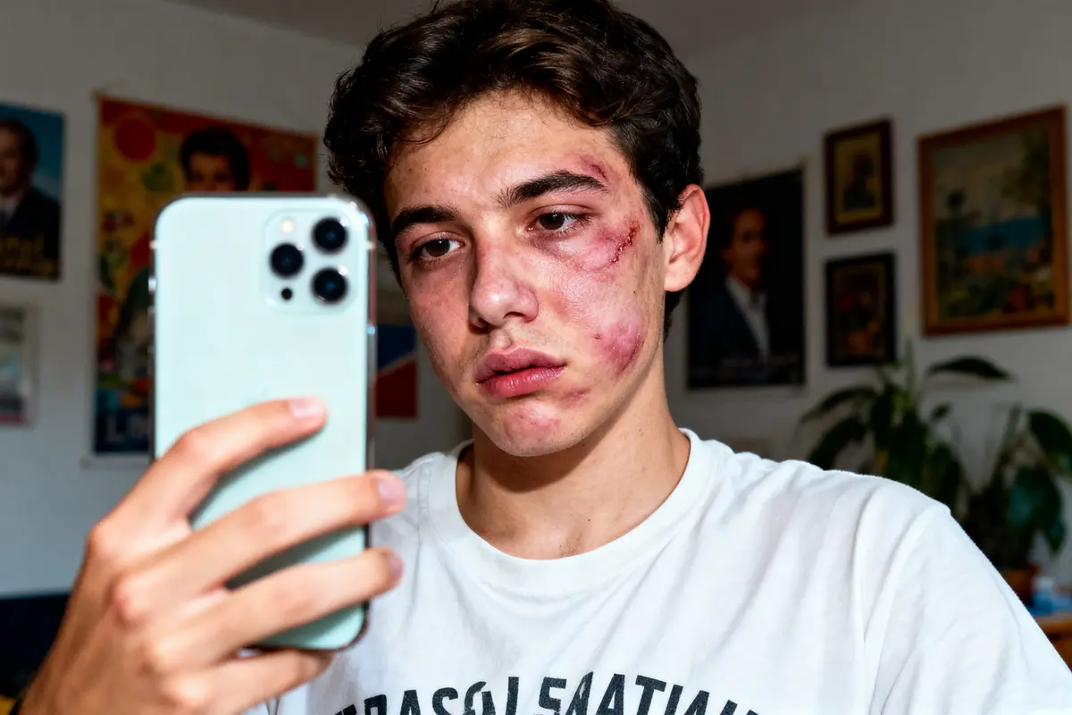 pexels-michal-pech-213601-757318 (1) Jeune homme blessé prenant un selfie, fond avec des posters et plantes. Visage avec ecchymoses visibles.