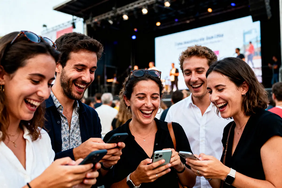 Cinq personnes souriantes regardant des téléphones, devant une scène lors d'un événement en plein air.