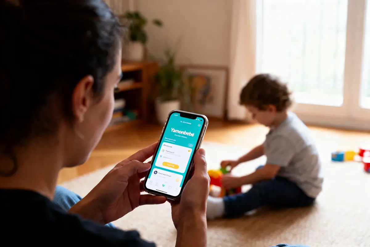 pexels-michal-pech-213601-757318 (1) Personne utilisant smartphone avec application, enfant jouant au sol à l'arrière-plan dans une pièce lumineuse.