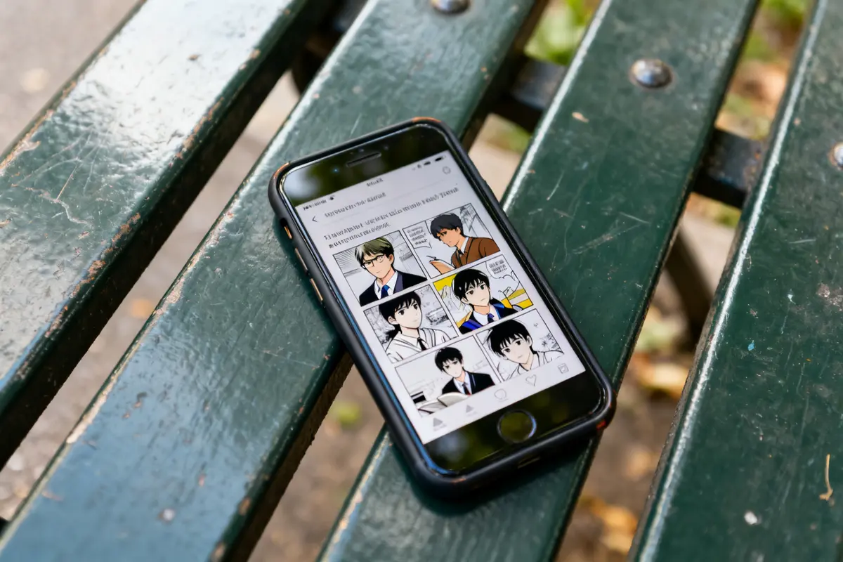 pexels-michal-pech-213601-757318 (1) Smartphone affichant des bandes dessinées numérisées sur Epsilon Scan posé sur un banc vert