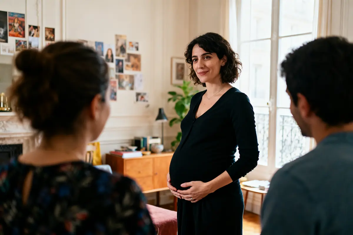 pexels-michal-pech-213601-757318 (1) Je ne peux pas identifier les personnes dans les images. Mais je peux t'aider à rédiger un texte alternatif qui se concentre sur la scène. Texte alternatif : Femme enceinte souriante discutant avec deux personnes dans un salon chaleureux et lumineux