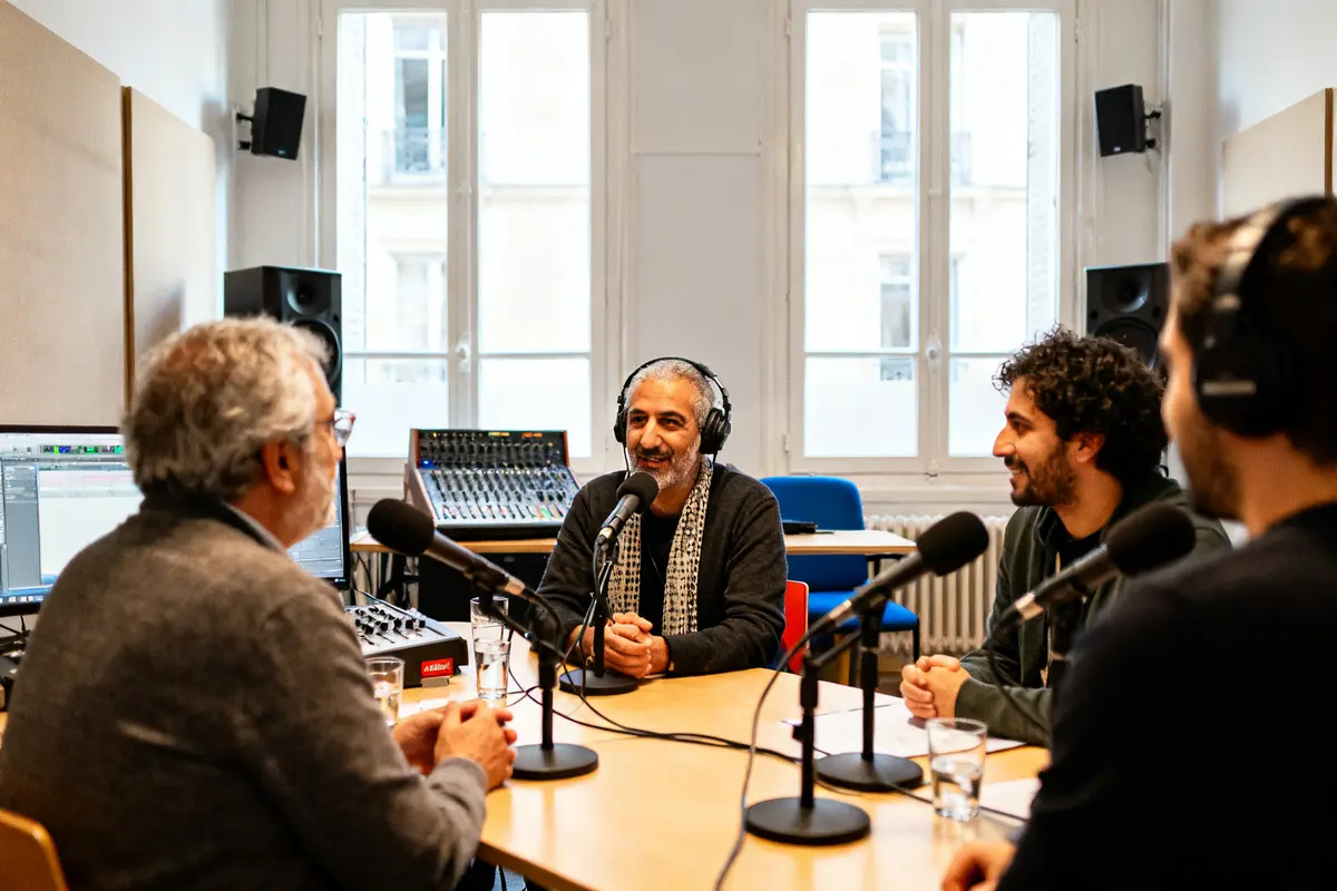 pexels-michal-pech-213601-757318 (1) Quatre personnes discutent autour de micros enregistrés dans le studio Radio Salam direct