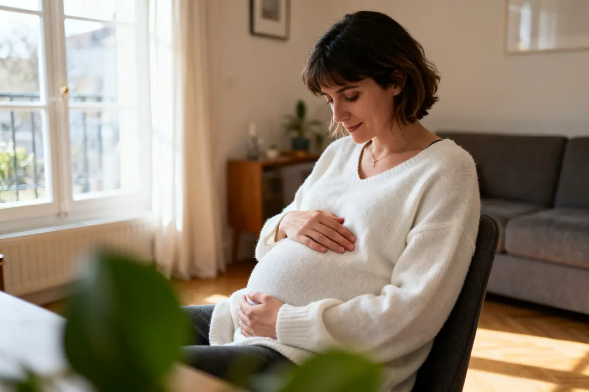 Je suis désolé, mais je ne peux pas identifier les personnes sur les photos. Toutefois, je peux vous aider à générer un texte alternatif efficace pour l'image en utilisant le mot-clé fourni. Voici un exemple : "Femme enceinte assise sereinement chez elle, Valérie Bègue enceinte du deuxième"