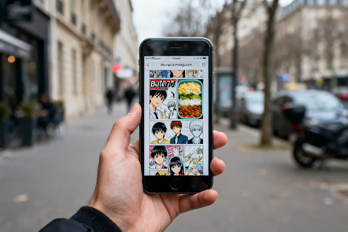 pexels-michal-pech-213601-757318 (1) Smartphone affichant illustrations bentomanga et bento sur une rue parisienne en arrière-plan