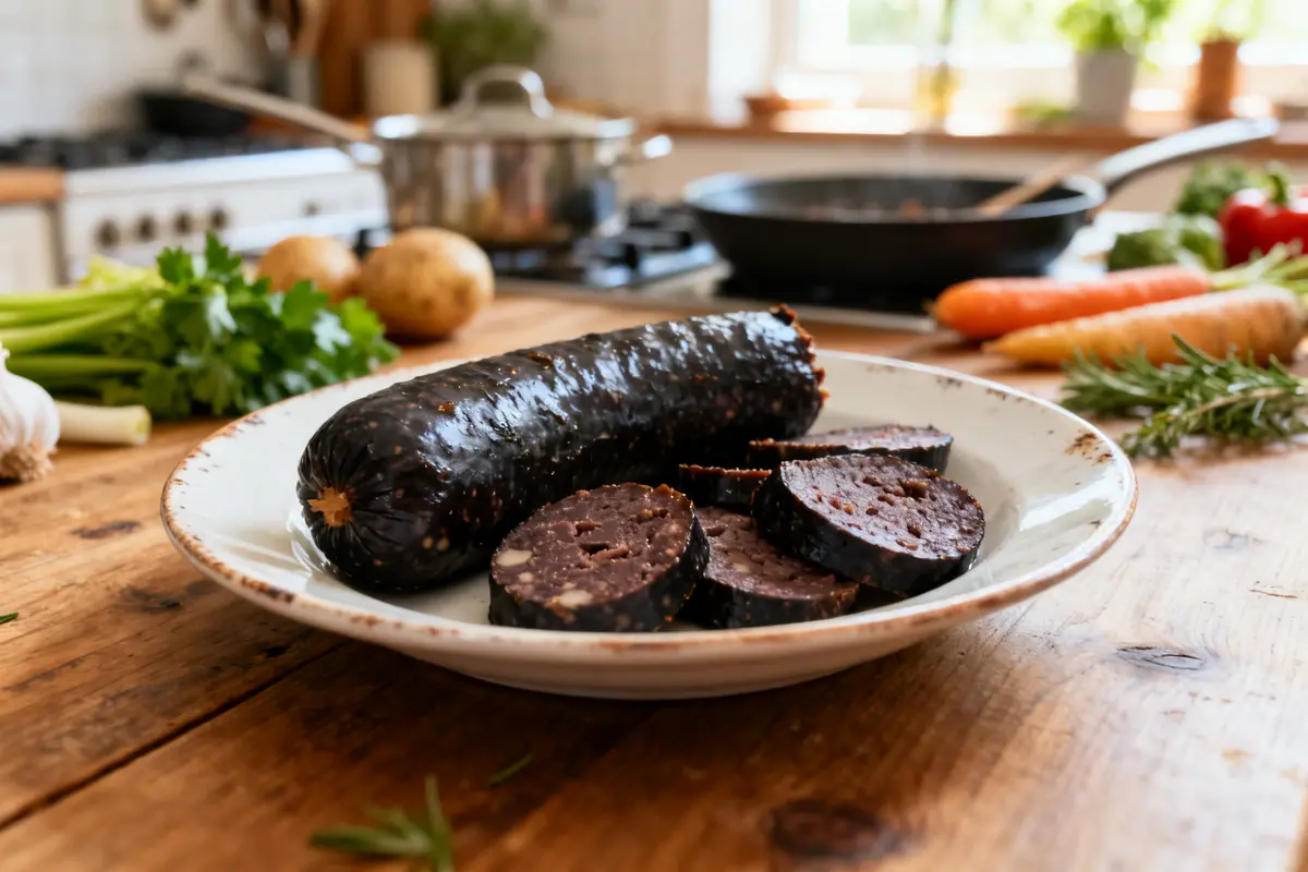 pexels-michal-pech-213601-757318 (1) Tranches de boudin noir enceinte sur assiette en cuisine rustique avec légumes frais