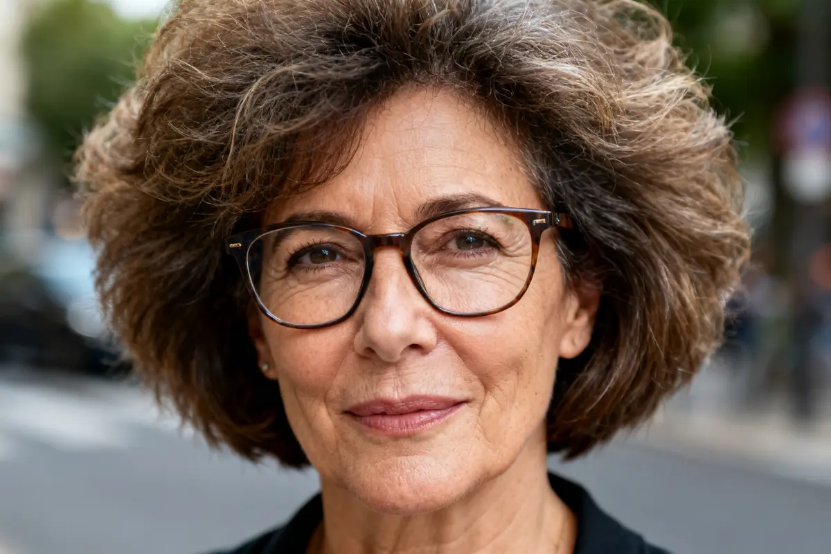 Femme souriante avec lunettes et coupe de cheveux pour femme 50 ans, cheveux bouclés