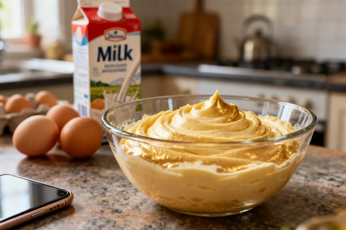 pexels-michal-pech-213601-757318 (1) Bol de crème pâtissière enceinte dorée sur table avec œufs et lait en arrière-plan