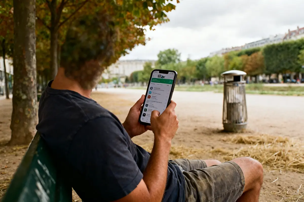 pexels-michal-pech-213601-757318 (1) Homme utilisant tilav com sur smartphone assis sur un banc dans un parc urbain