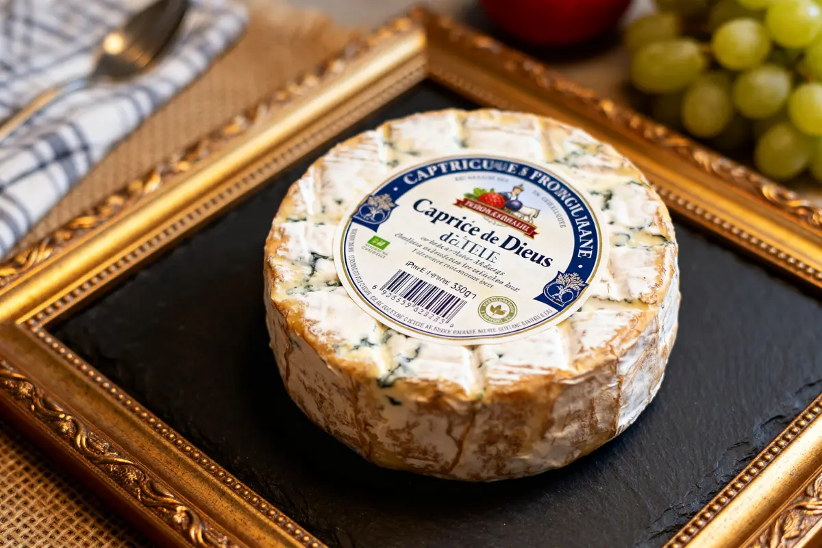 pexels-michal-pech-213601-757318 (1) Fromage Caprice des Dieux entier présenté sur un plateau décoratif avec grappes de raisin