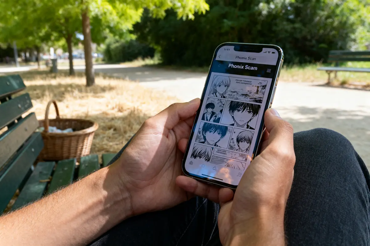 pexels-michal-pech-213601-757318 (1) Personne lisant un manga Phoenix Scan sur smartphone assis sur un banc extérieur