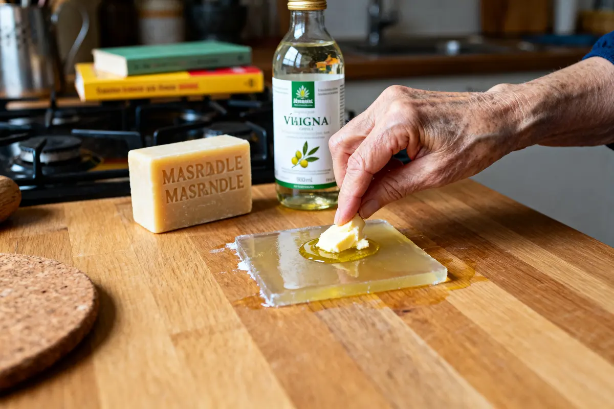 Main appliquant astuce de grand-mère pour enlever la résine avec savon et huile