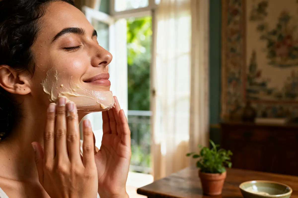Femme appliquant un masque facial pour un ayurveda experience avis relaxant à domicile