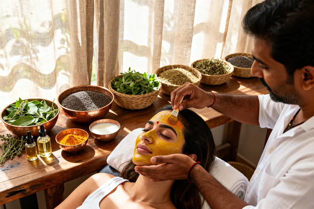 Soins du visage ayurveda experience avec masque aux herbes appliqué par un praticien