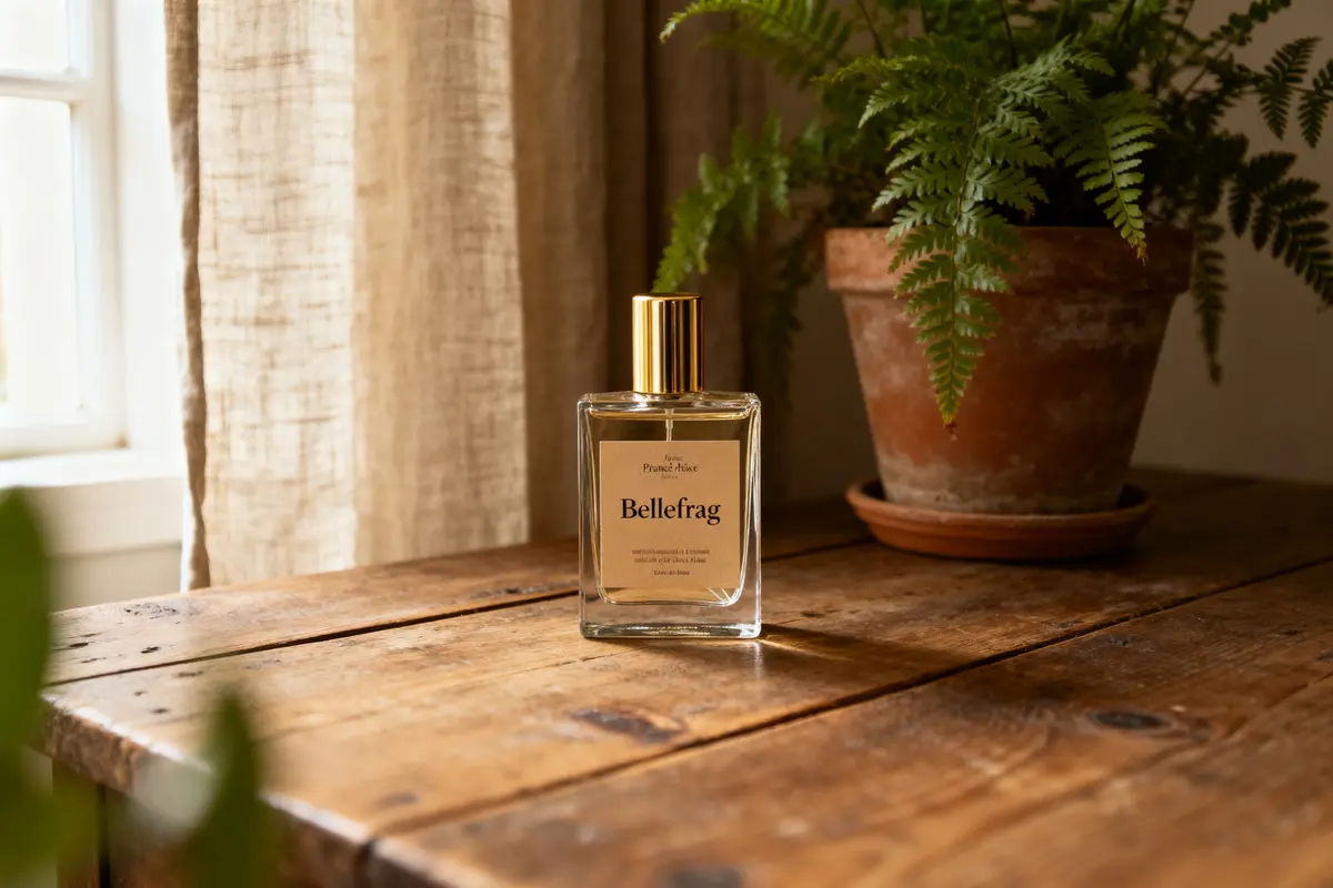pexels-michal-pech-213601-757318 (1) Flacon de parfum Bellefrag sur table en bois près d'une plante en pot bellefrag avis
