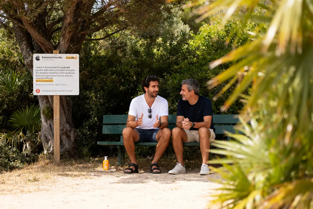 Deux hommes discutent sur un banc avec un panneau liant à cocosolis avis forum