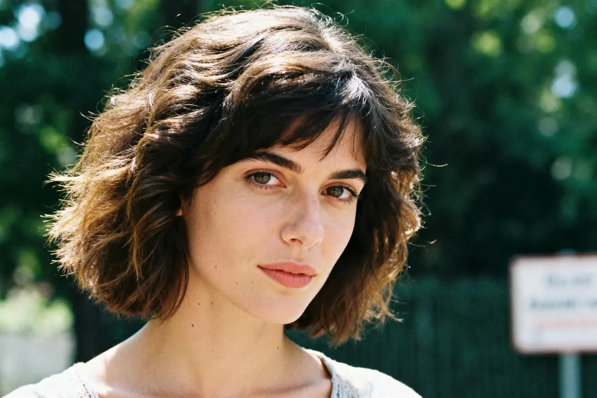 Jeune femme avec coupe femme mi courte et cheveux ondulés en extérieur verdoyant