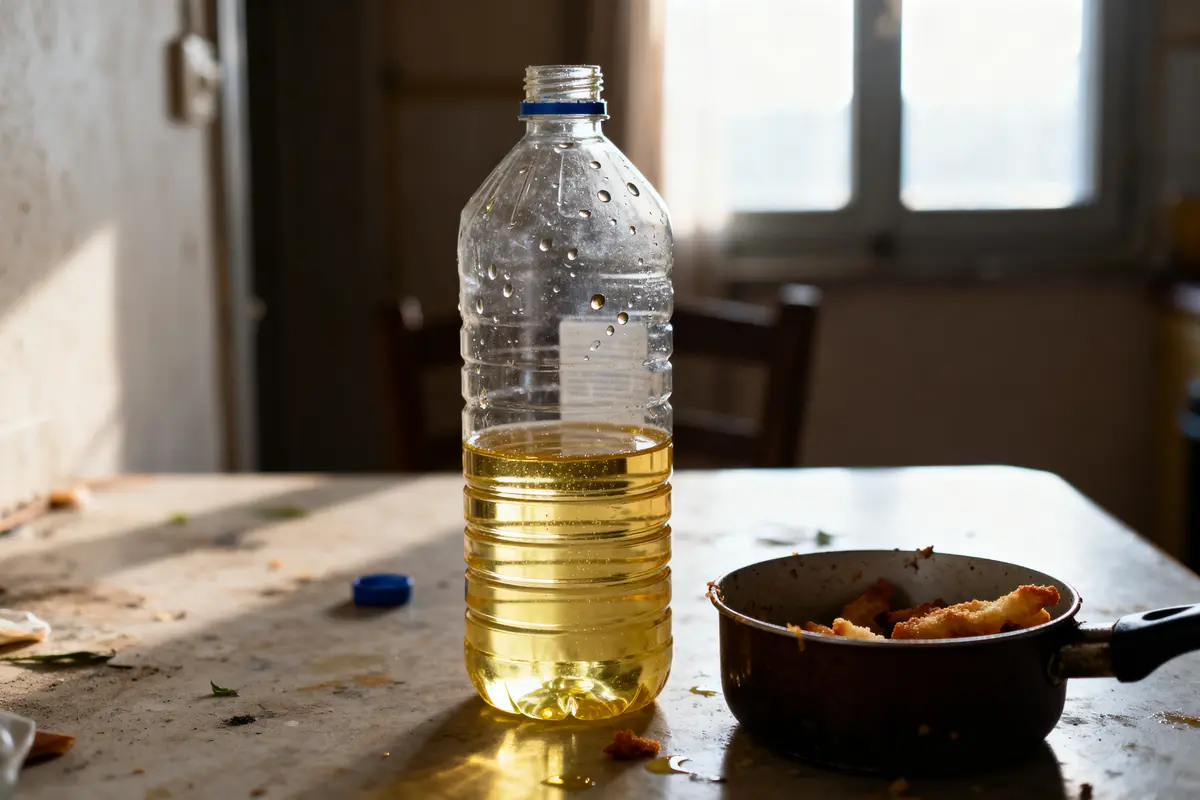 Bouteille d'huile de colza pour friture sur table de cuisine, possible danger santé
