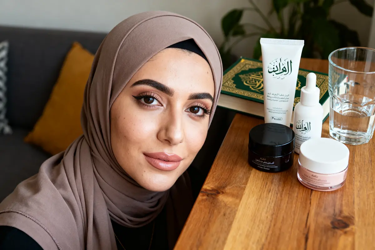 pexels-michal-pech-213601-757318 (1) Femme voilée montrant son maquillage ramadan avec soins de la peau et Coran sur table