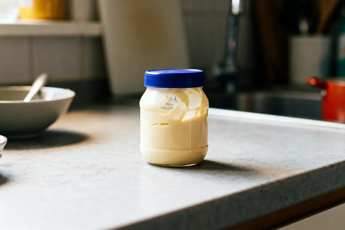 Pot de mayonnaise industrielle enceinte sur un plan de travail de cuisine.