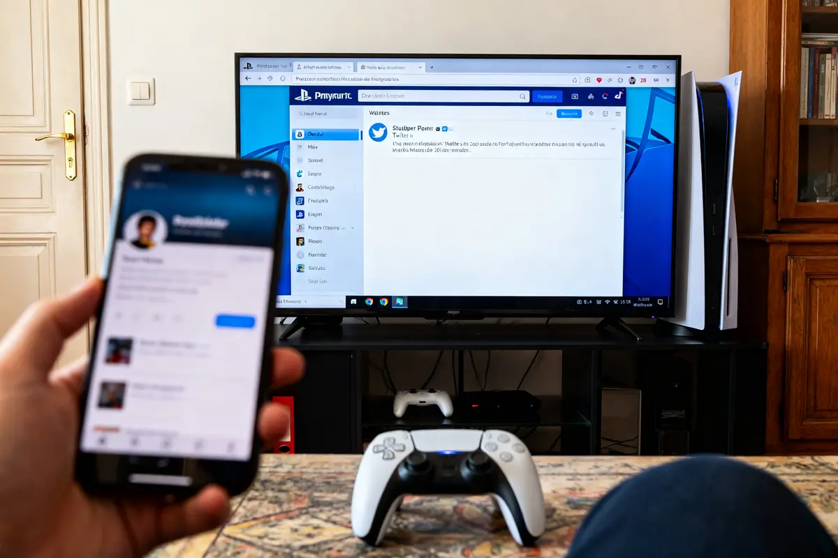Écran télé avec navigateur internet PS5 affiché à côté d'une manette et smartphone