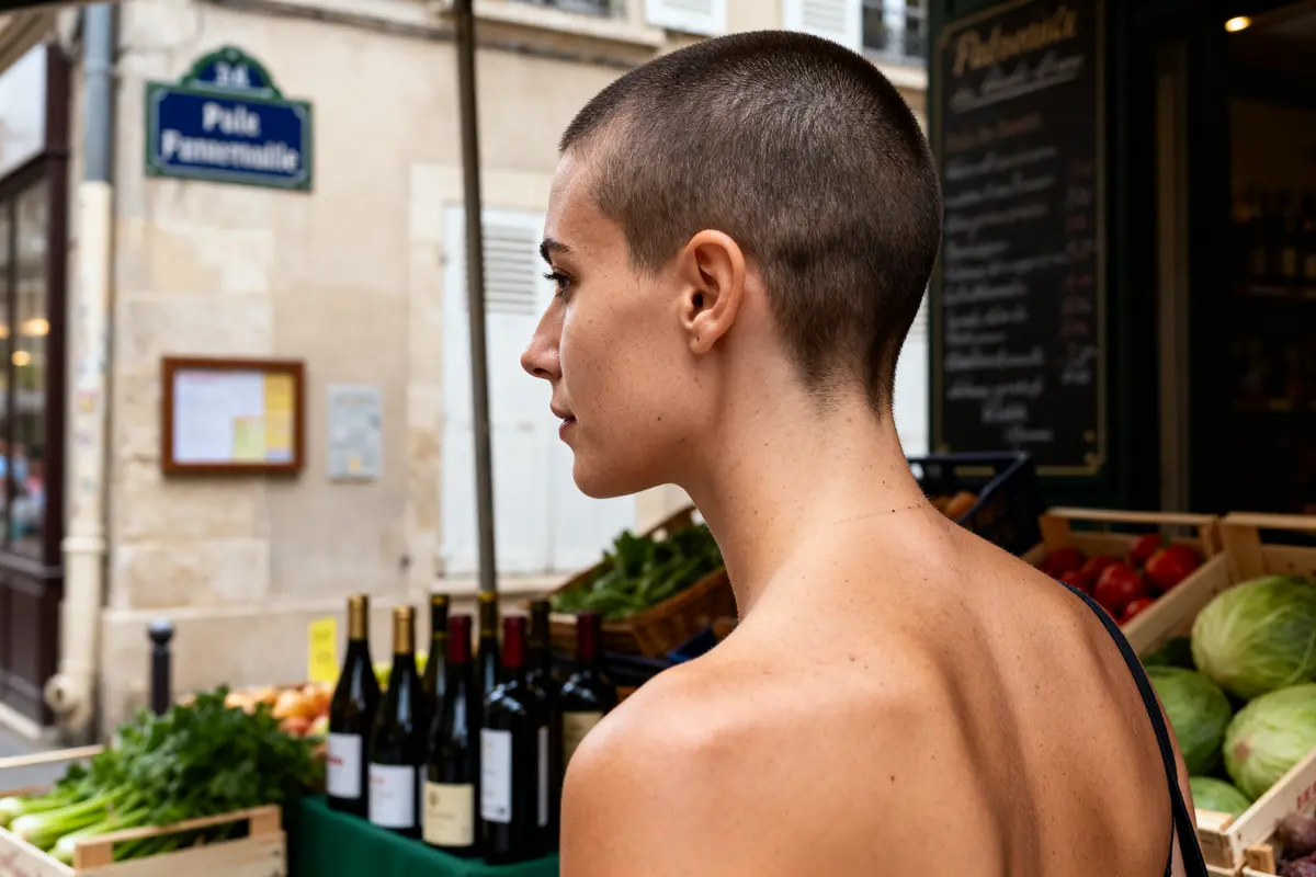 Femme avec nuque rasée cheveux court devant étal de marché avec vin et légumes
