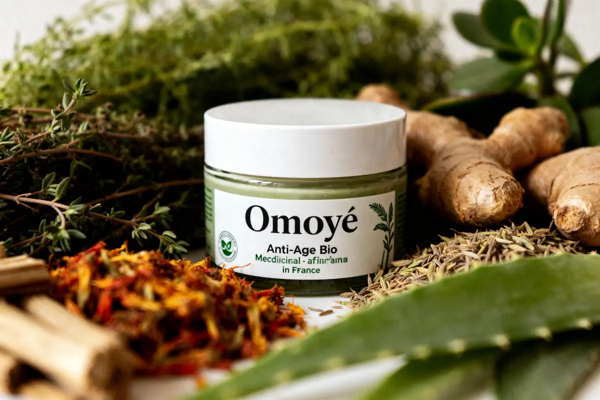 Pot Omoyé Anti-Âge Bio entouré d'herbes médicinales et de racines naturelles